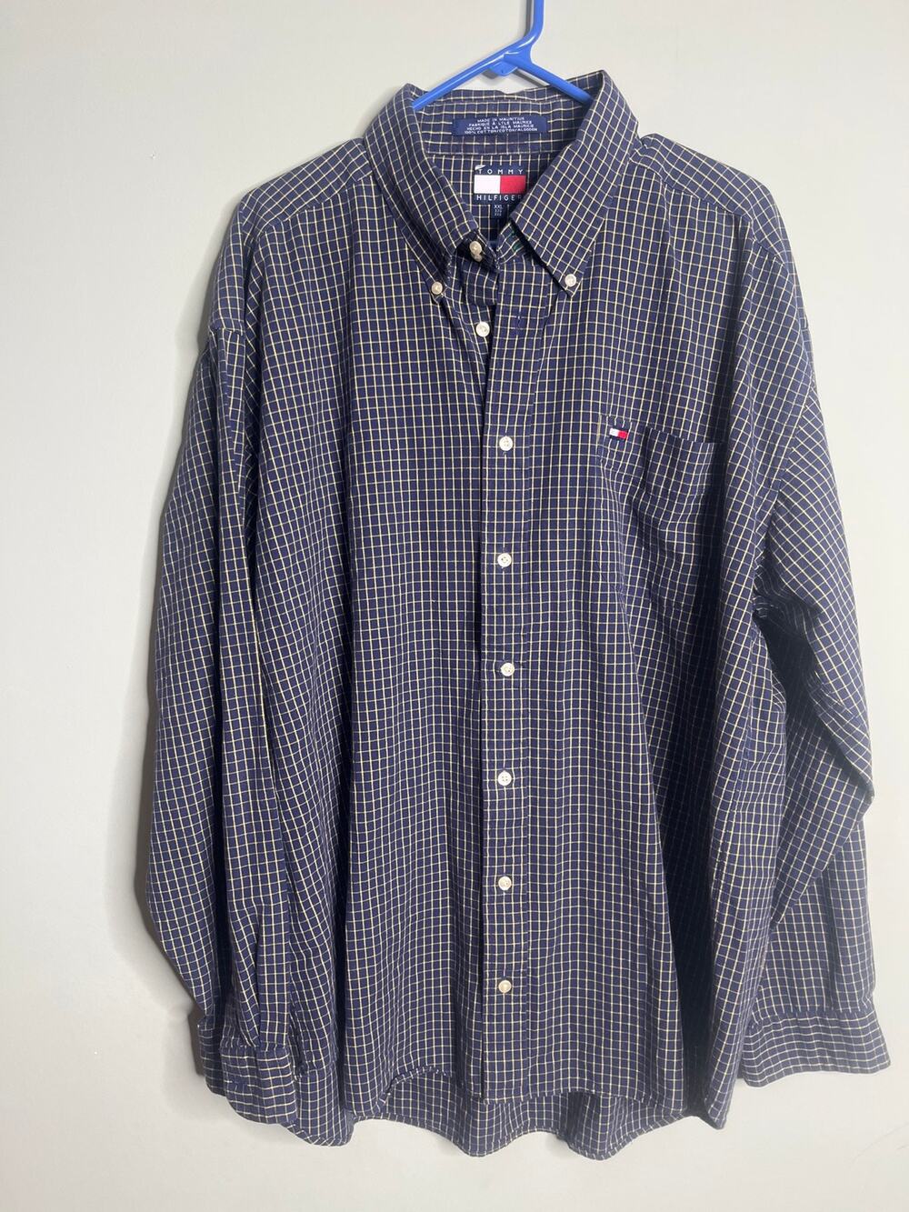 Tommy Hilfiger vintage 1990s Navy Plaid Dress Shirt Button Cotton XXL